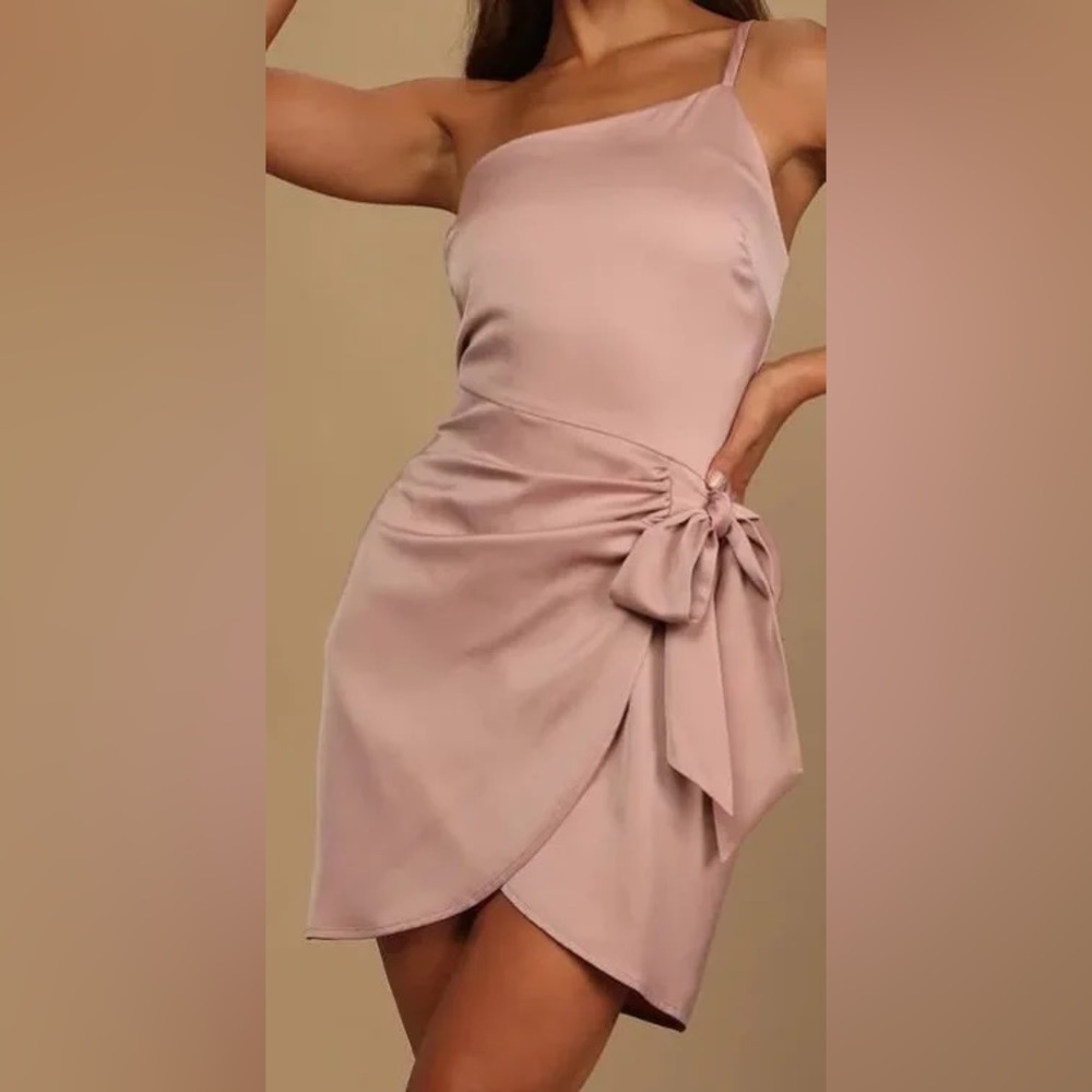 NWT Lulus Satin Blush Pink Off Shoulder  Mini Wrap Dress Lined Womens Large